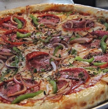 Salami and bell pepper pizza from Arthur Mac's Bay Street Emeryville