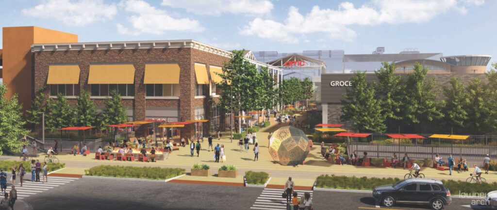 Rendering of the future plaza and grocer at Bay Street Emeryville