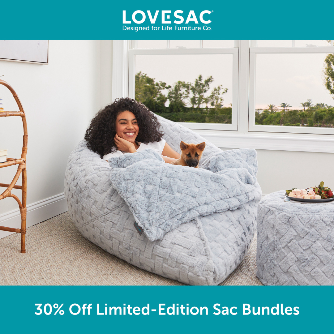 Fill your home with style and cloud-like comfort. Stop by the @Lovesac showroom to create and customize your bundle! Start with a Sac in one of three signature, cozy Covers, bundle that with a Footsac, Squattoman, or both, and you save 30%.